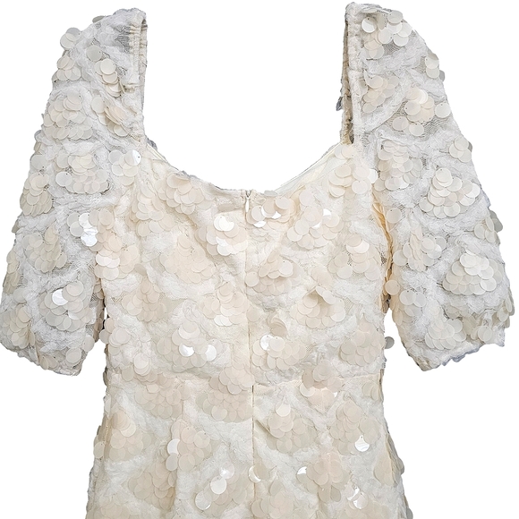 Nwt Fanco Off Shoulder Creme Lace Mesh Sequin Short Sleeve Square Neck  Dress - Picture 5 of 17